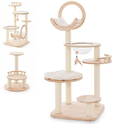 Maxmass Cat Tree, Wooden Kitten Activity Centre with Cat Bed, Space Capsule Nest, Platforms, Sisal Scratching Posts, Removable Mats & Hanging Toy, Multi-level Cats Tower for Indoor
