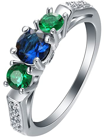 Silber Ring Damen mit Stein, Ring Frauen Runde Form mit Blauem und Grünem Zirkonia Versilbert Schmuck Größe 54 (17.2) Geburtstag Geschenk