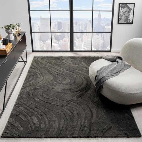 VIMODA Teppich Wohnzimmer Teppich Schlafzimmer 3D Effekt modern Weich kurzflor Wellenmuster Qualitativ,Maße:160 x 230 cm;Farbe:Anthrazit
