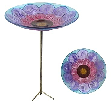 LLMTYO Vogelbad aus Glas, Vogelbäder für draußen, Vogelfutterspender für den Garten mit Metallpfahl für Garten, Hinterhof, Terrasse, Zaun, Terrassenbelag, Dekor (B)