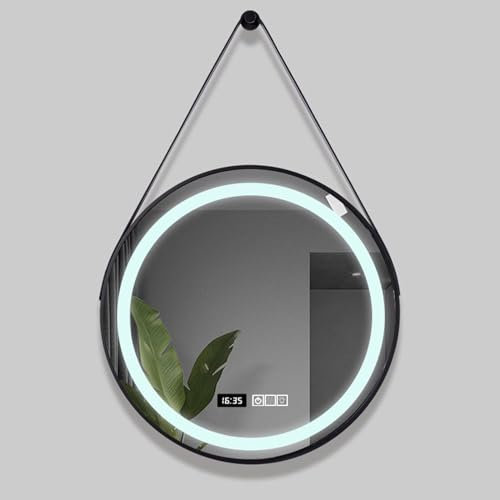 Runder Wandspiegel aus Aluminium, 50 cm, Wandmontage, runder Spiegel mit Aluminiumrahmen und verstellbarem Lederriemen zum Aufhängen, für Badezimmer, Waschtisch, Wohnzimmer, Schlafzimmer,