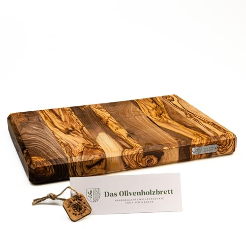 DAS OLIVENHOLZBRETT® / Exklusives Olivenholz Schneidebrett ohne Saftrille/massive Olivenholzstücke längs oder quer verleimt/Olivenholz Stirnholz/massiv/rechteckig (35cm x 25cm x 4cm)