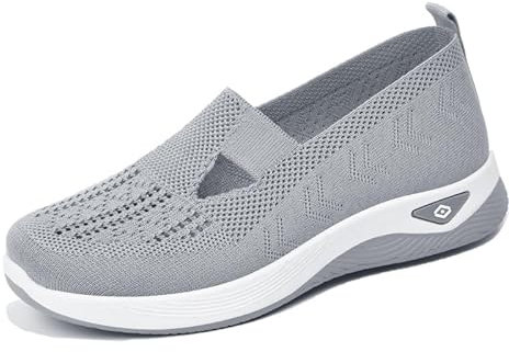 Orthopädische Wanderschuhe für Damen, leicht, geschlossener Zehenbereich, Sommer-Sneaker, lässig, weiche Sohle, atmungsaktive Schuhe, Schlupfschuhe, Fußgewölbeunterstützung, Sportschuhe, grau, 39 EU