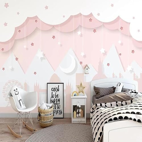 TANYANG Benutzerdefinierte Tapete 3D Wandbild Handgemalte Rosa Wolken Mädchen Schlafzimmer Kinderzimmer Hintergrund Wand Papier Wohnkultur 200Cm(W)×140Cm(H)