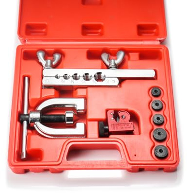 JINGTAO88 Bördelwerkzeug-Set – Doppel- und Einzel-Bremsleitungs-Bördelwerkzeug-Reparatur-Set mit Rohrschneider und 5 Adaptern, kompatibel mit Kupfer, Edelstahl, Stahl, Aluminiumrohren