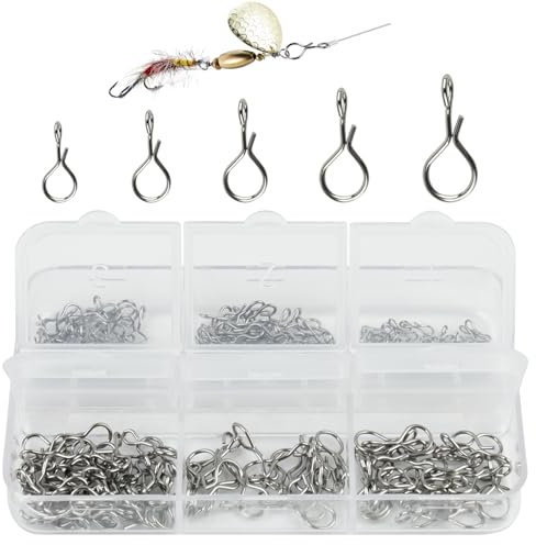 Realure 200 Pcs/5 Sizes Fly Fishing Snaps Kit XS# S# M# L# XL# Fly Hook Lure Snap Stainless Steel Quick Change Fishing Swivels No Knot Snap for Fly Fishing Jigs Lures Clips Swivels Tackle