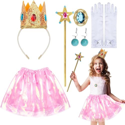 LOOPES Prinzessin Peach Kostüm Mädchen, 6 Stück Rosa Peach Kostüm Zubehör Prinzessin Krone Mädchen Kinder Peach Prinzessin Cosplay Kostüm für Halloween Cosplay Karneval Kinder Geburtstagsparty