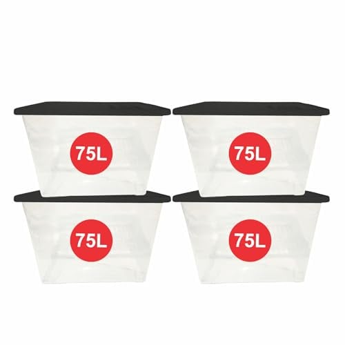 RelianceUK 80L Large Storage Box (Pack of 4) - Strong Stackable Storage Boxes with Black Lids 80 Litres - Home, Office, Kitchen, Nestable Storage Containers | Made in UK Large Plastic Box with Lid
