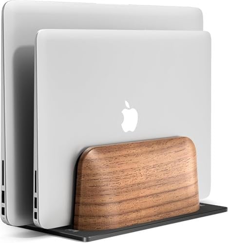 SHUOSUO Vertical Laptop Stand, Dual Slot Walnut Wood Laptop Holder for Desk, Natural Wooden & Aluminium Width Adjustable Dock for MacBook and Other Laptops