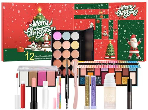 Jlkegfdf Adventskalender für Mädchen, Countdown bis Weihnachtskalender Kosmetikset, 12 einzeln verpacktes Make-up & Kosmetik inklusive Lippenstift, Lidschatten, Augenbrauenschablonen für Geburtstag