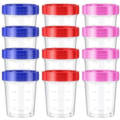YILANJIN 12Pcs Mixing Plastic Measuring Jugs, Graduated Beakers with Lids, Leakproof Measuring Cup, Specimen Cups, Transparent Measure Containers for Liquid Medication, Paint, Pills - 120ML