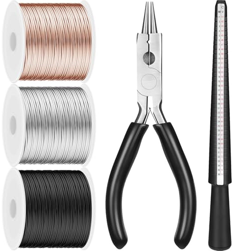 Hotop Filo per gioielli con pinze e misuratori per anelli, in alluminio, calibro 18/20/22, 3 rotoli, argento, oro rosa, nero, 1 mm (25 m)