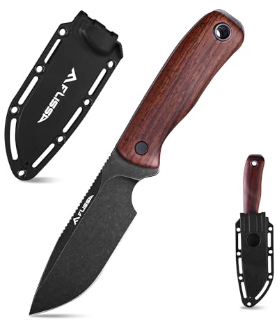 FLISSA Coltello a Lama Fissa con Manico in Ebano Nero, Design Full Tang, Lama Affilata in Acciaio 14C28N, Clip per Cintura Rotante 180°, Ideale per Sopravvivenza, Campeggio ed Escursionismo