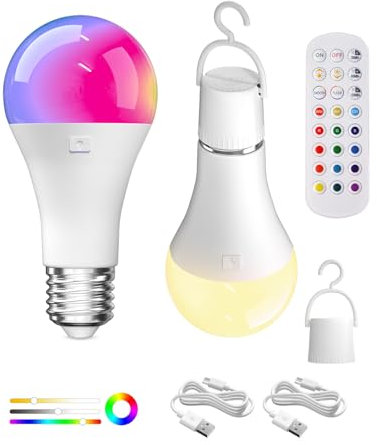 Lamptobe USB Aufladbar Batterie Glühbirne Mit Fernbedienung, 12+3 Farbtemperatur, E27 Smart Farbwechsel Farbige RGB LED Dimmbar Akku Glühbirnen Mit Timing Funktion, Akku Hängelampe, 2 Stück