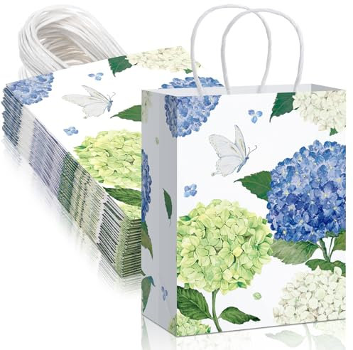 Chiisong 24 Pcs White Green Floral Gift Bags Watercolor Hydrangea Paper Gift Bags with Handles Spring Summer Party Favor Bags for Mothers Day Wedding Birthday Baby Shower