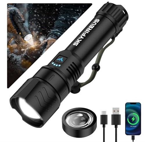 SKYFIRE Torcia LED Potente Professionale Ricaricabile,900000Lumen Torcia 4 Modalità di Luce a Focale Regolabile,La lente di accensione è inclusa,Impermeabile,Adatto per Campeggio,Militare e Emergenze