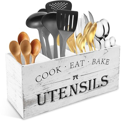 KTCINA Kitchen Utensils Holder 4 Compartment Wood Cutlery Holder Large Flatware Caddy Organizer with Drainage Bottom Removable Divider Silverware Caddy for Spoons, Forks, Spatulas, Shovels(White)