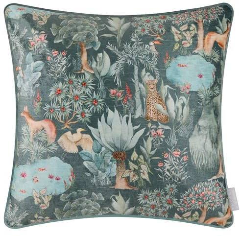 Voyage Maison Jungle Serene Feather Filled Cushion – Exotic Watercolour Jungle Printed Cotton Piped Trim Botanical Decor (Ocean - 50x50cm)