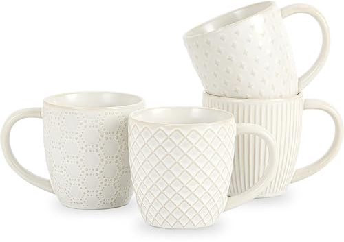Embossed Stoneware Mugs Set of 4, 400ml Ceramic Coffee Cups with Handles for Cappuccino, Latte, Tea, Hot Chocolate &Milk, Microwave & Dishwasher Safe, Ideal for Homes, Office Use and Gift Giving