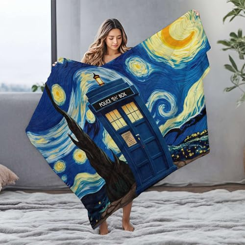 CDSS Fleecedecken, Sternennacht mit dem Tardis, Flanelldecke, personalisierbar, große Decke (150 x 200 cm)
