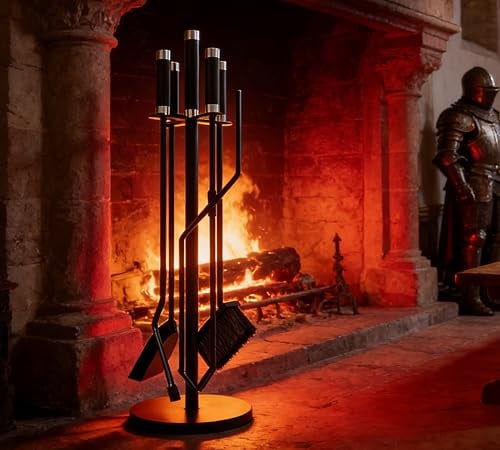 Kingson Kaminbesteck 5-teilig - schwarz pulverbeschichtetes Eisen mit Edelstahlgriffen - inklusive Bürste, Schaufel, Schürhaken, Zange & Beschwerungsständer - Holzbrenner & Kaminwerkzeug Set - Höhe