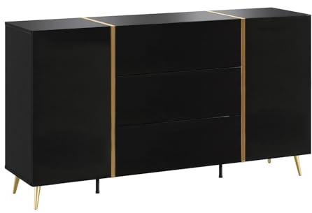 Vente-unique - Buffet avec 2 Portes et 3 tiroirs - Noir Brillant et Doré - MARZIALO