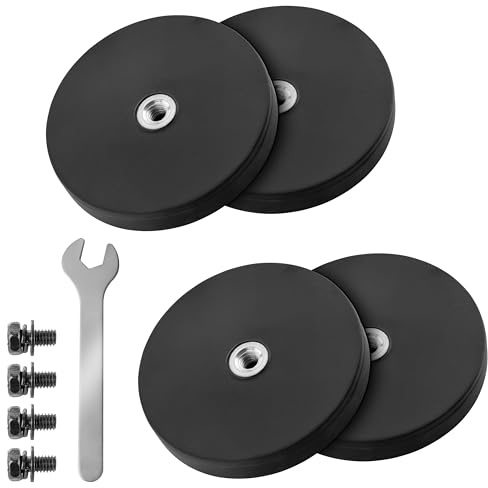 Poppstar 4x Magnet mit Gewinde, gummiert, Neodym, Durchmesser 43 mm, mit Innengewinde M4, 8 kg Haftkraft, mit Schraubenschlüssel und 4 Schrauben