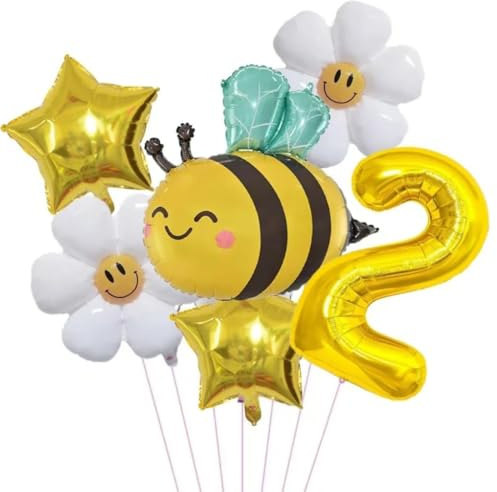 Geburtstagsdeko 2. Geburtstag Mädchen & Junge mit Biene, Gänseblümchen & Gold Luftballon, Zahl 2 Ballon Gold, Aluminiumfolie, Dschungel-Thema, Geburtstage Mädchen Junge Deko Party
