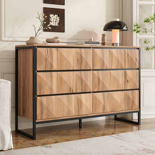 FammyLoft Sideboard Wohnzimmer mit 6-Schubladen, Buffetschrank mit Metallbeinen und Erhabenen Türen, 120 x 40 x 80 cm, Modern Wohnzimmerschrank für Esszimmer & Flur, Schwarz und Holz
