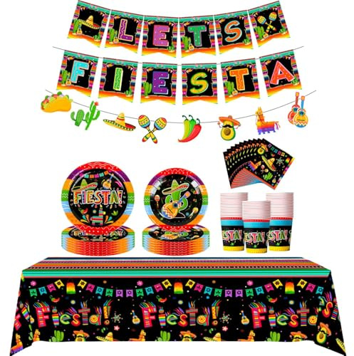 Mexican Party Decorations Supplies - Serves 20 Cinco De Mayo Plates and Napkins Sets Includes Cinco De Mayo Plates Napkins Cups and Mexian Fiesta Banner Bunting etc Fiesta Party Decor.