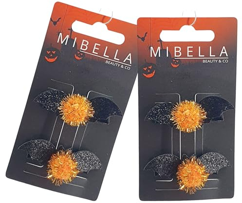 Mibella Beauty & Co Halloween Haarclips Bat, 4er Set Glitzer Fledermaus mit Orange Pompons, Schwarzer Haarschmuck - 24963