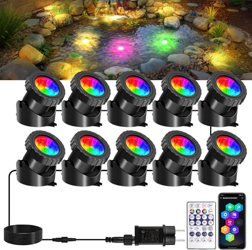 T-SUNUS Teichbeleuchtung Unterwasser RGB, Unterwasserstrahler Teich mit Bluetooth APP Fernbedienung, IP68 Wasserdicht Farbwechsel Unterwasserbeleuchtung Teich für Pool Patio Brunnen Aquarium 10 in 1