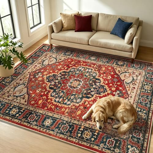 WUTONG Vintage Teppich Wohnzimmer 80x150 cm Rot,Orientalischer Teppich Waschbar rutschfest Kurzflor,Läufer für Flur Küche,Boho Bettvorleger Schlafzimmer