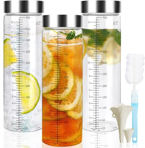 TEGOVE 3er Glasflaschen 500ml mit Edelstahl Deckel, Smoothie Becher | Wiederverwendbar, Messskala, für Säfte, Smoothies, Kaffee, Milch, Tee, to go, Glaswasserflasche
