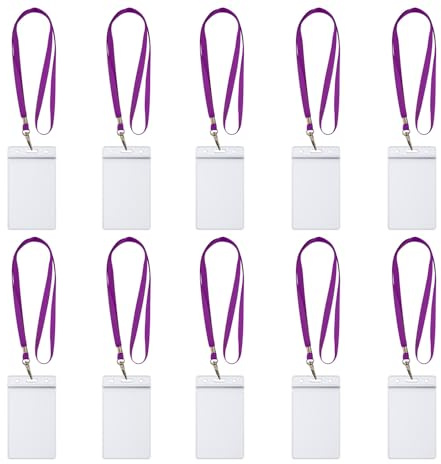 10x Lanyards Schlüsselbänder 1 cm breit mit 10x Ausweishüllen ZIP Kartenhalter flexibel & wasserdicht horizontal/vertikal für 1-2 Ausweise Karten Schutzhülle für Ausweise (10x Lila Vertikal)