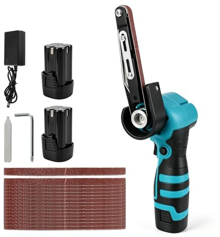Cordless Belt Sander, 10 x 355mm Electric Thin Belt Grinder, 2800RPM with 2 Batteries & 15 Sanding Belts (80-1000 Grit), Portable Sanding Tool for Wood Metal Plastic