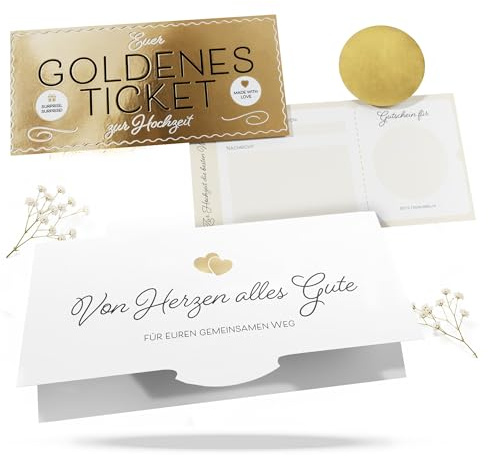 Hochzeitskarte Glückwunschkarte Hochzeit - Goldenes Ticket mit Rubbellos | Mit edler Mappe - Karte zur Hochzeit DIN lang - Hochzeitsbillet mit Goldlack, Hochzeitsgeschenke für Brautpaar