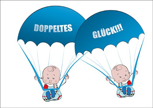 Süße Zwillings Babykarte/Glückwunsch Grußkarte zur Geburt von Zwillings Jungen mit blauen Babys an Fallschirmen: Doppeltes Glück!!!