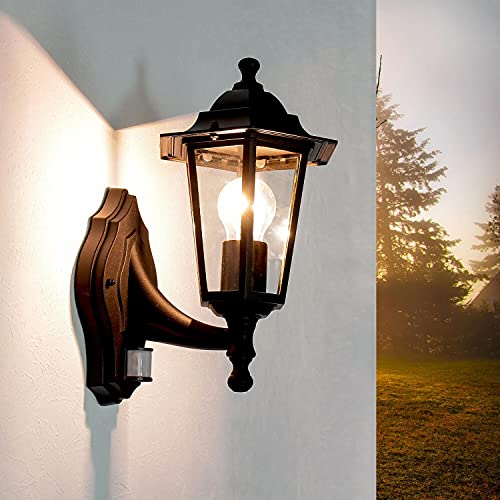 Licht-Erlebnisse Außenwandlampe mit Bewegungsmelder Aluminium Glas Schwarz IP44 Terrasse T:23 cm E27 Laterne nostalgische Sensor Wandleuchte PARIS