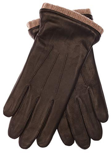 EEM Herren Lederhandschuhe, weiches italienisches Leder, Fleecefutter, Strickbündchen, dunkelbraun/beige S