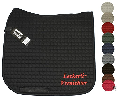 Eskadron Vielseitigkeit Spruch-Schabracke 'Leckerli-Vernichter', Schabrackenfarbe:Creme, Garnfarbe:hellblau
