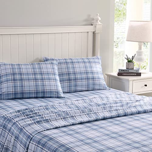 Laura Ashley Home - Set di lenzuola per letto matrimoniale, in flanella di cotone, spazzolato per una maggiore morbidezza e comfort (Mulholland Plaid blu, Queen)