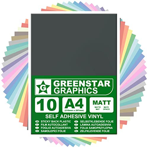 GREENSTAR GRAPHICS MATT A4 STICKY BACK PLASTIC SELF ADHESIVE ART & CRAFT VINYL (10 SHEET PACK). Compatible With 12” Cricut, Silhouette Cameo/Curio/Portrait, Scan N Cut (DARK GREY MATT 10 A4)
