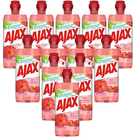 Ajax Allzweckreiniger Hibiskusblütenduft 12 x 1L - Multi-Oberflächen-Reiniger mit ätherischen Ölen