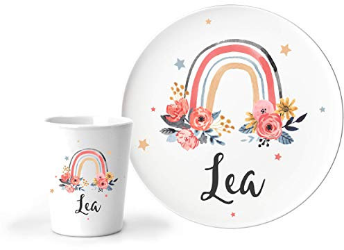 JUNALOO 2-teiliges Kindergeschirr Set mit Namen Taufgeschenk für Mädchen Personalisiert - Boho Taufe Kinderteller Regenbogen Teller Geschenk zur Geburt