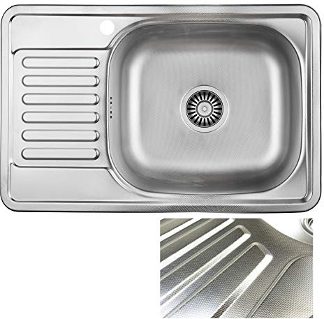 VBChome Einbauspüle 66x42 Leinenstruktur Edelstahl Küchenspüle mit Hahnloch Spüle Ablagefläche Abtropffläche Links eckiges Camping Ablaufgarnitur Siphon