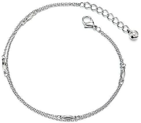 COOLSTEELANDBEYOND Acier Femme Deux Rangs Chaîne Maillons Bracelets de Cheville avec Ovale Navette Perle Charmes et Grelot, Réglable