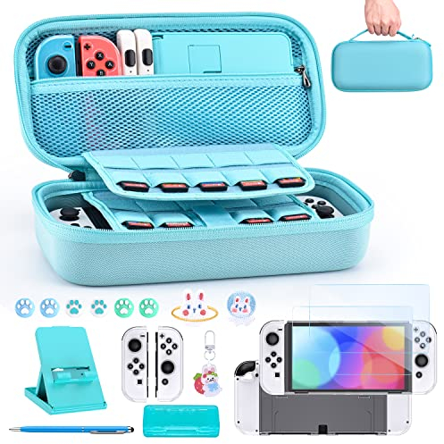 innoAura Accessori NS Switch OLED Pacchetto Switch 18 in 1 con Custodia NS Switch, Custodia per Giochi per Switch, Protezione per Schermo OLED per Switch, Supporto per Switch, Thumb Grips (Blu)