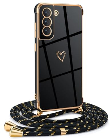 Mkej Frauen Mädchen Handykette Kompatibel mit Samsung Galaxy S22 - Silikon Hülle mit Band - Handyhülle für Samsung Galaxy S22 Herz Love Design Galvanik - Hülle mit Kordel in schwarzes Gold