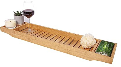 VIVAAS Natural Wooden Bamboo Bath Caddy Bridge Tray Ideal For Storage Shelf Organizer Wine Glass, Book Rest, Candle | Bath Tray | Wooden Bath Tray | Bath Shelf | Bath Bridge (Natural)
